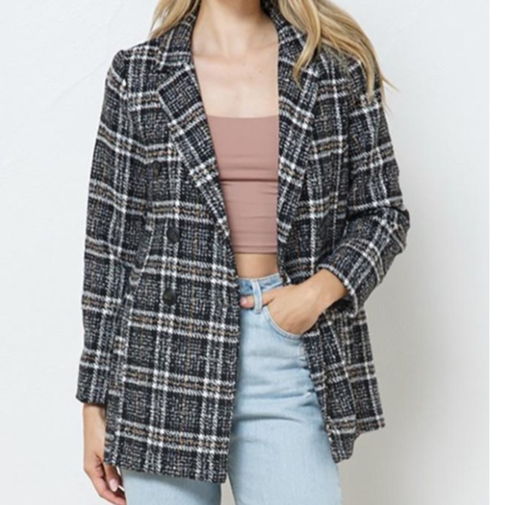 Boutique Blue B collection plaid tweed blazer brown size M - Picture 16 of 16